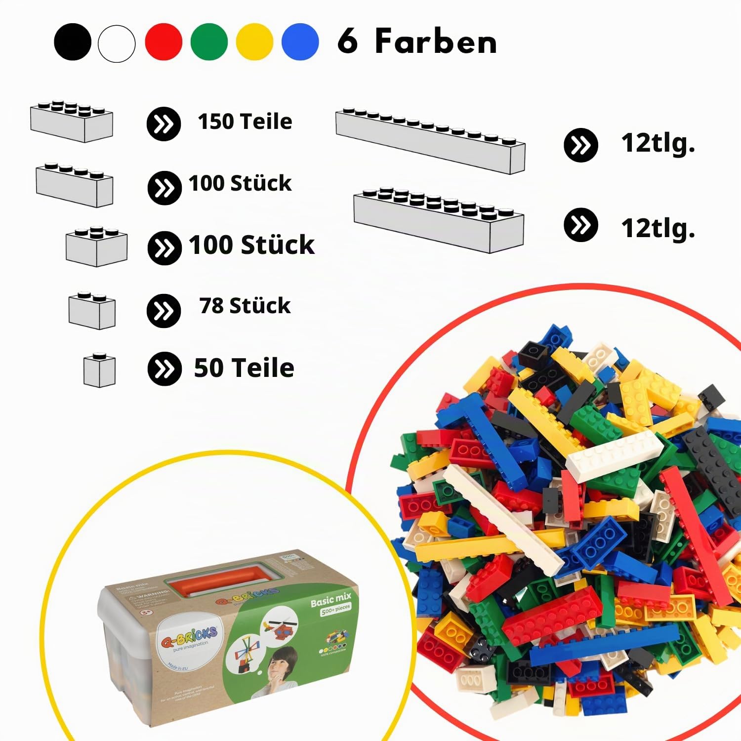 Kreativ-Bauset mit klassischen Bausteinen | 500-teiliges Set | 7 klassische Formen | 6 Farben | 100% kompatibel | Hergestellt in der EU | Verpackt in einem wiederverwendbaren Koffer | Basismischung