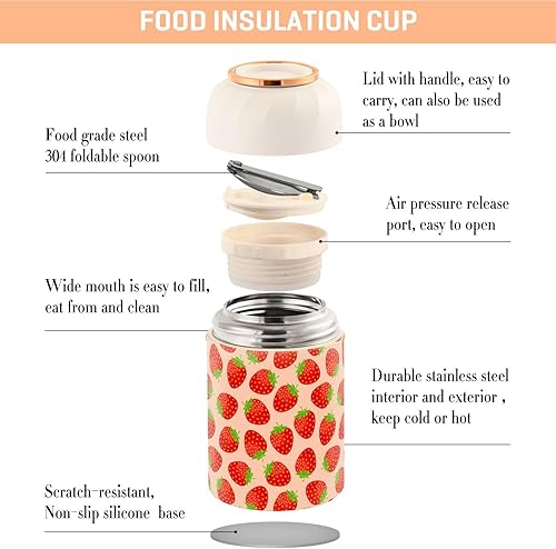 Miniatura 4 de MCHIVER Cartoon Pink Strawberry Food Jar with Spoon Stainless Steel Vacuum Insulated Food Container 17 oz Thermos for Adults