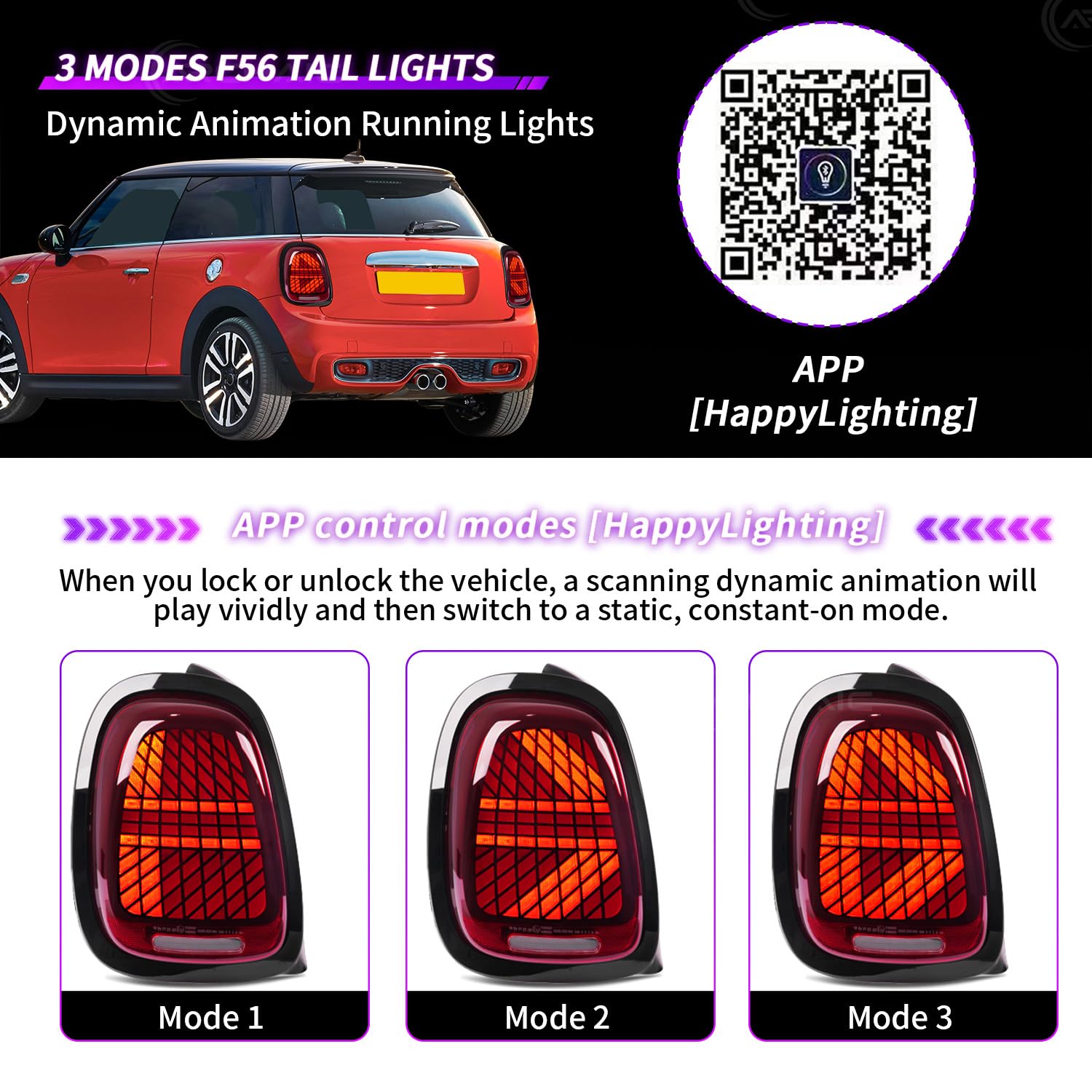 Archaic Tylne światła LED kompatybilne z MINI COOPER F55 F56 F57 HATCHBACK/CONVERTIBLE 2014-2024, tylne światła z animacją DRL, 3 tryby świateł tylnych, para (czerwone)