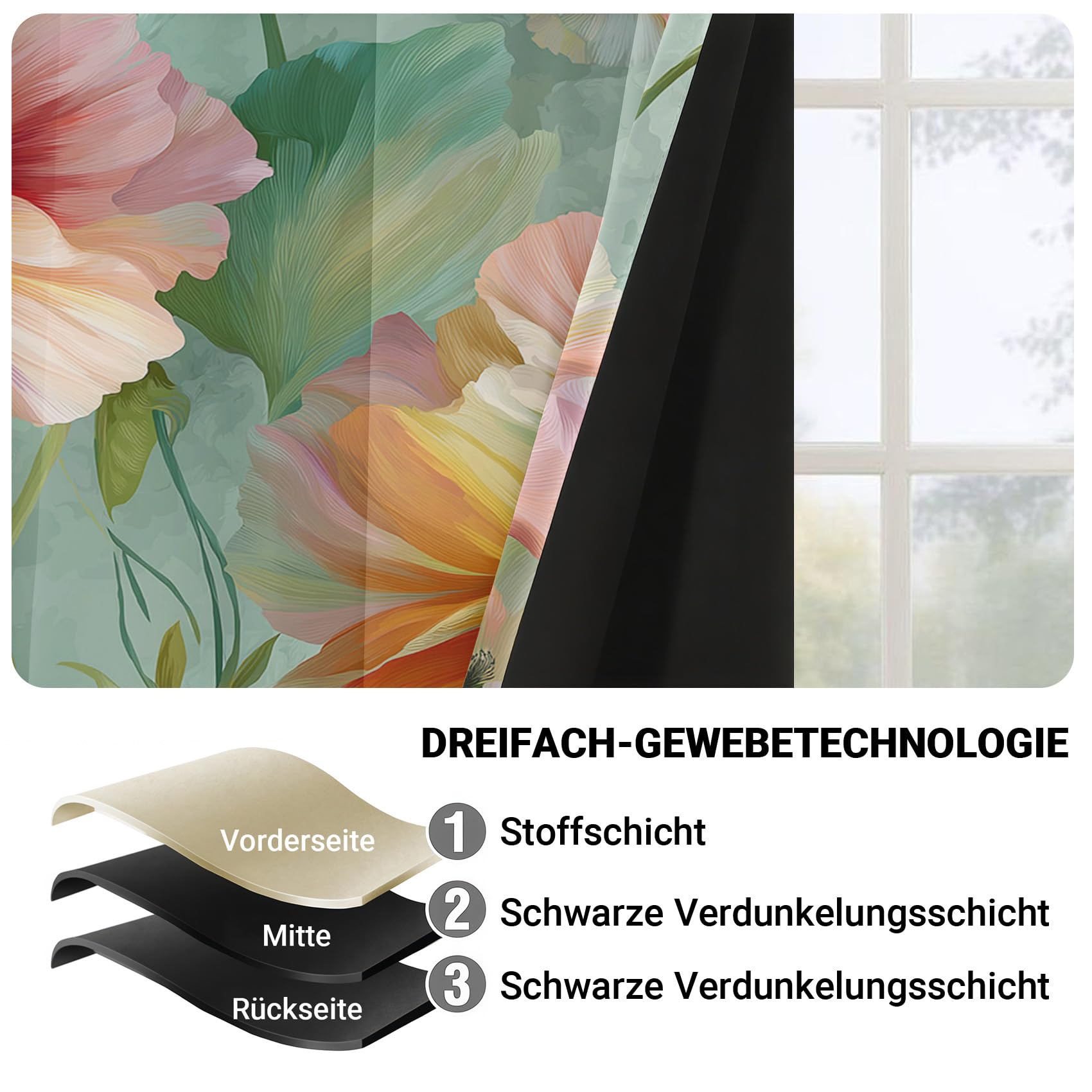 Generisch Rosa Orange Blume Vorhänge Aquarell Vorhang Blickdicht, Gardinen mit Ösen 2er Set, Thermovorhang für Wohnzimmer Schlafzimmer Fenster Deko H 245 x B 140 cm K20p