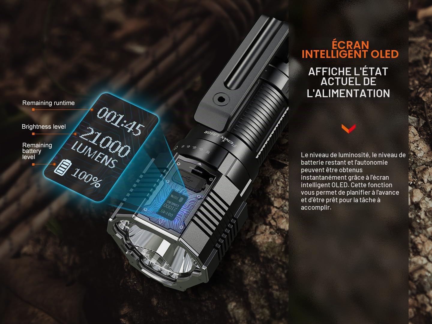 FENIX LR60R Lampe torche LED rechargeable longue portée ultra lumineuse 21 000 lumens 1085 m 113 heures maximum Batterie de grande capacité Charge rapide 45 W Écran OLED Batterie externe IP68
