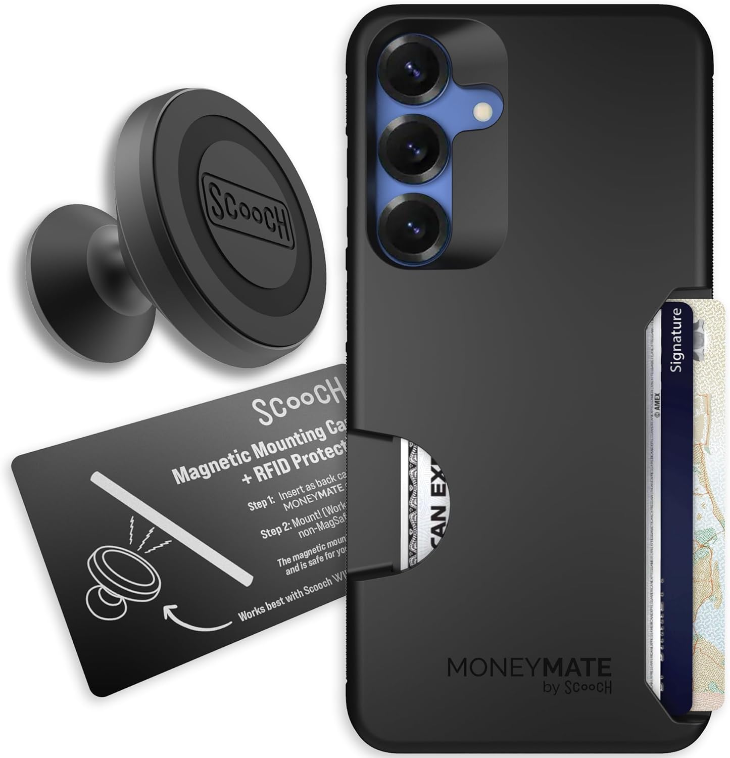Scooch for Samsung Galaxy S25 Plus Case with Card Holder, Moneymate Wallet Case with Card Slot and Protection for 4 Cards, Drop Protection, Wingmount Bundle with Mounting Card, Black
