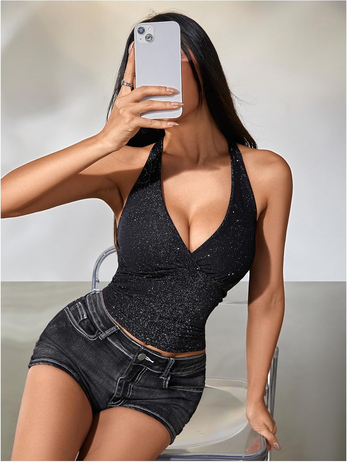 MakeMeChic Women's Sparkly Halter Tops Y2k Backless Deep V Neck Rave Crop Tops - Image 4