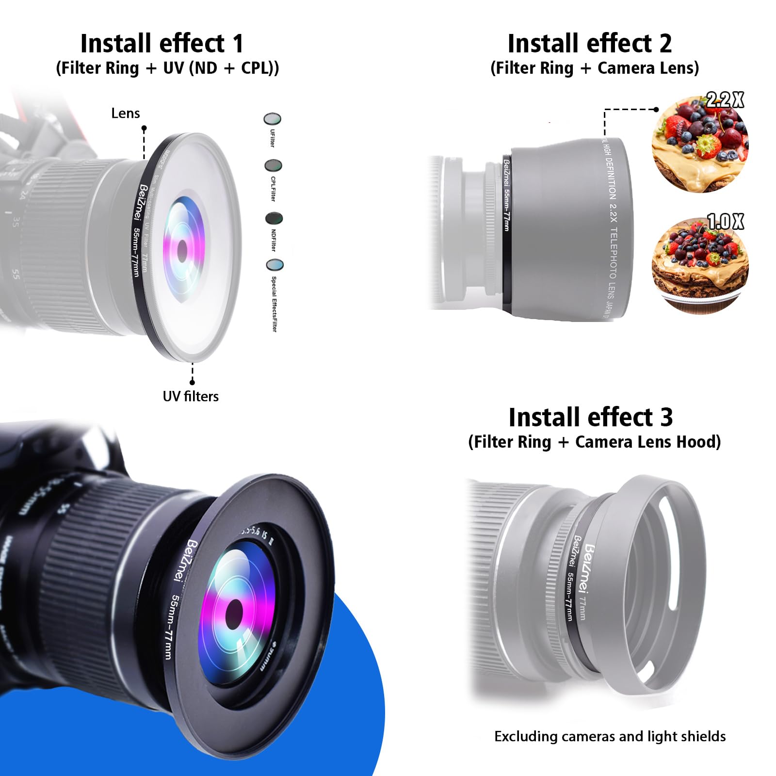BeiZMei Anneau Adaptateur Filtre 55mm Vers 77mm – Step-Up Métal Pour Objectifs Caméra UV ND CPL
