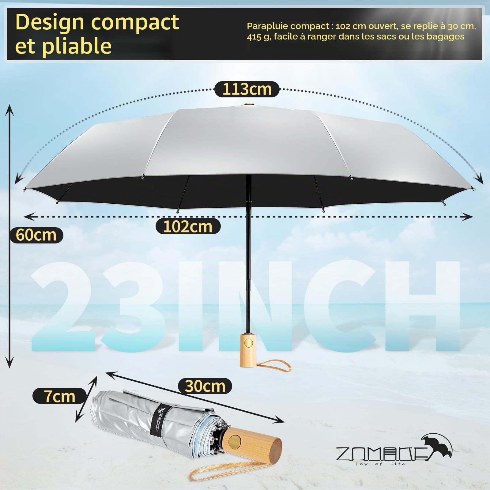 ZOMAKE Grand Parapluie Pliant Anti UV,Parapluies Compact Solide Anti TempêTe,Ombrelle Soleil Automatique Avec Poignée en Bois pour Homme Femme