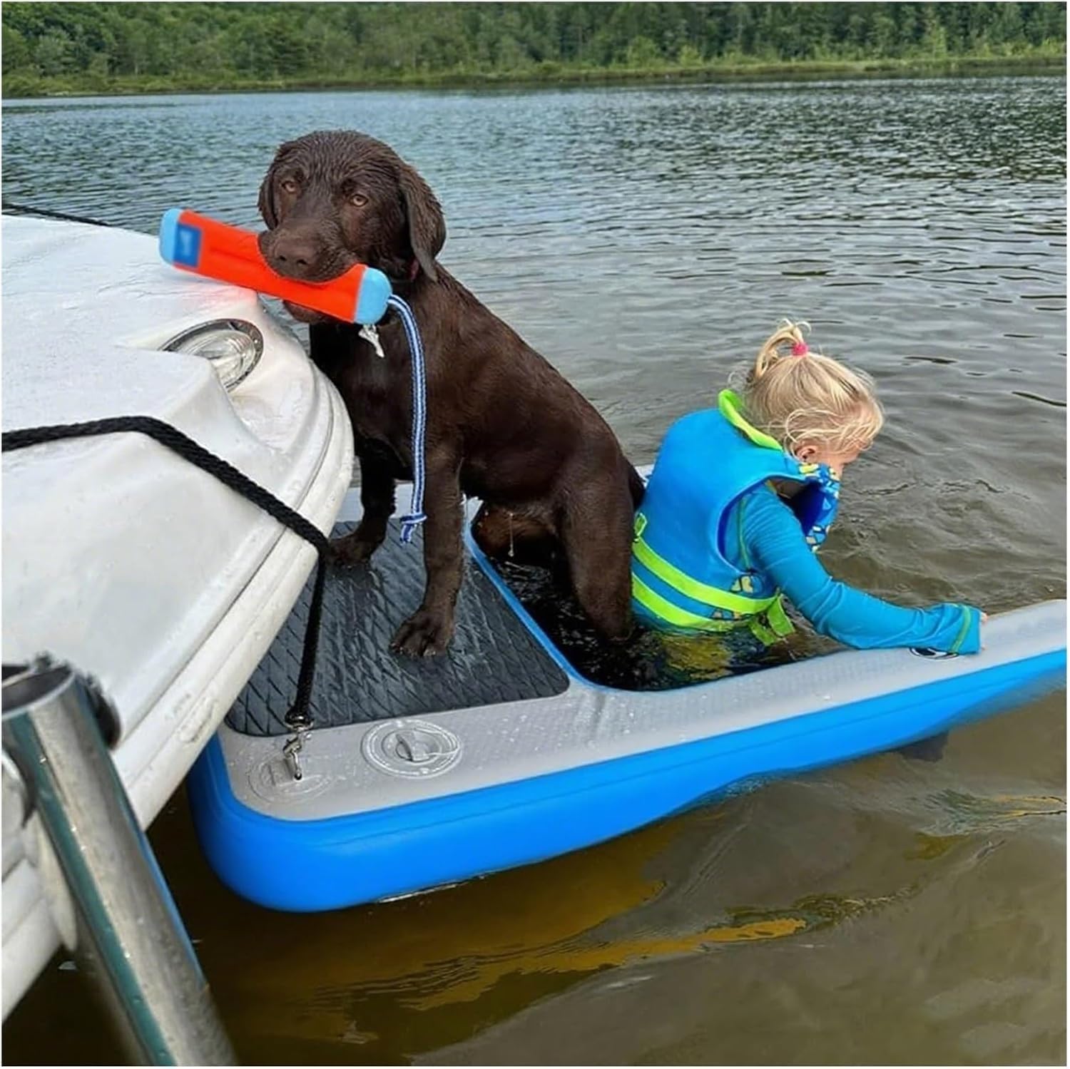 WDJBPSH Dog Floating Water Ramp with Storage Bags, Easy Entry Inflatable Pet Climbing Ramps for Dogs to Get on/off Boats, Docks & Pools(Blue)