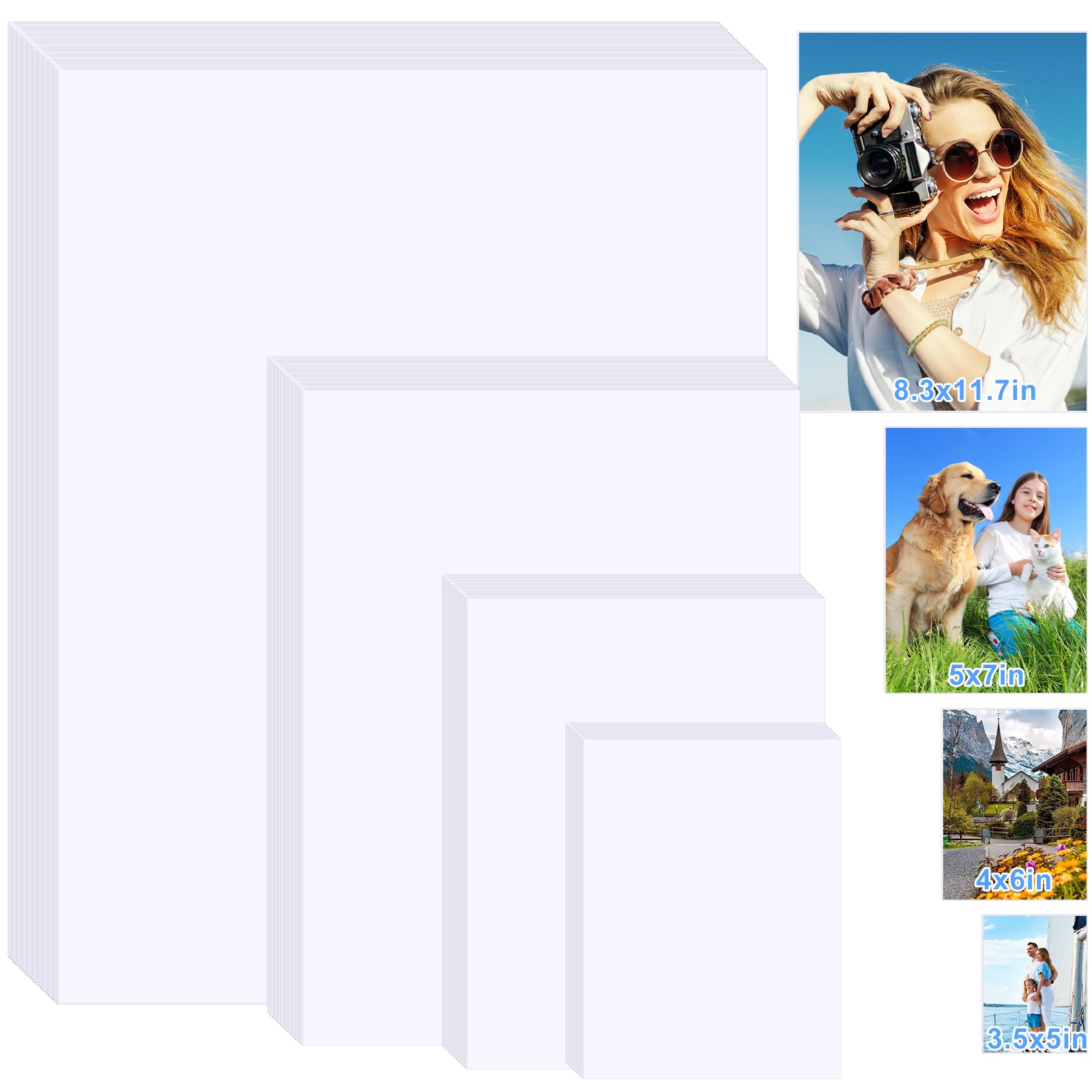 4 Sizes 100 Sheets Inkjet Photo Paper Glossy, 200gsm Mixed Sizes A4/5x7/4x6/3.5x5 Inch, Bright White Photographic Paper Compatible with Canon HP Epson All Inkjet Printers