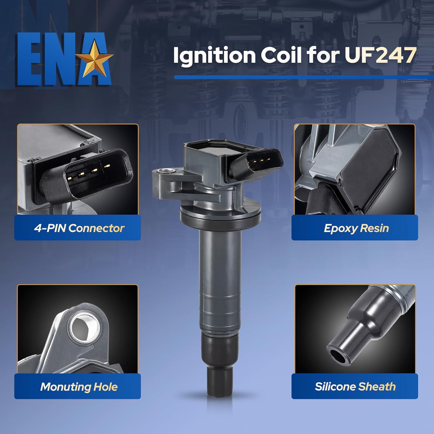 ENA Set of 4 UF247 Ignition Coils with 4503 Spark Plug 1.8 V4 Compatible with Toyota Pontiac Chevy Celica Corolla Matrix MR2 Spyder Prizm Vibe 2000 2001 2002 2003 2004 2005 2006 2007 2008 9091902239