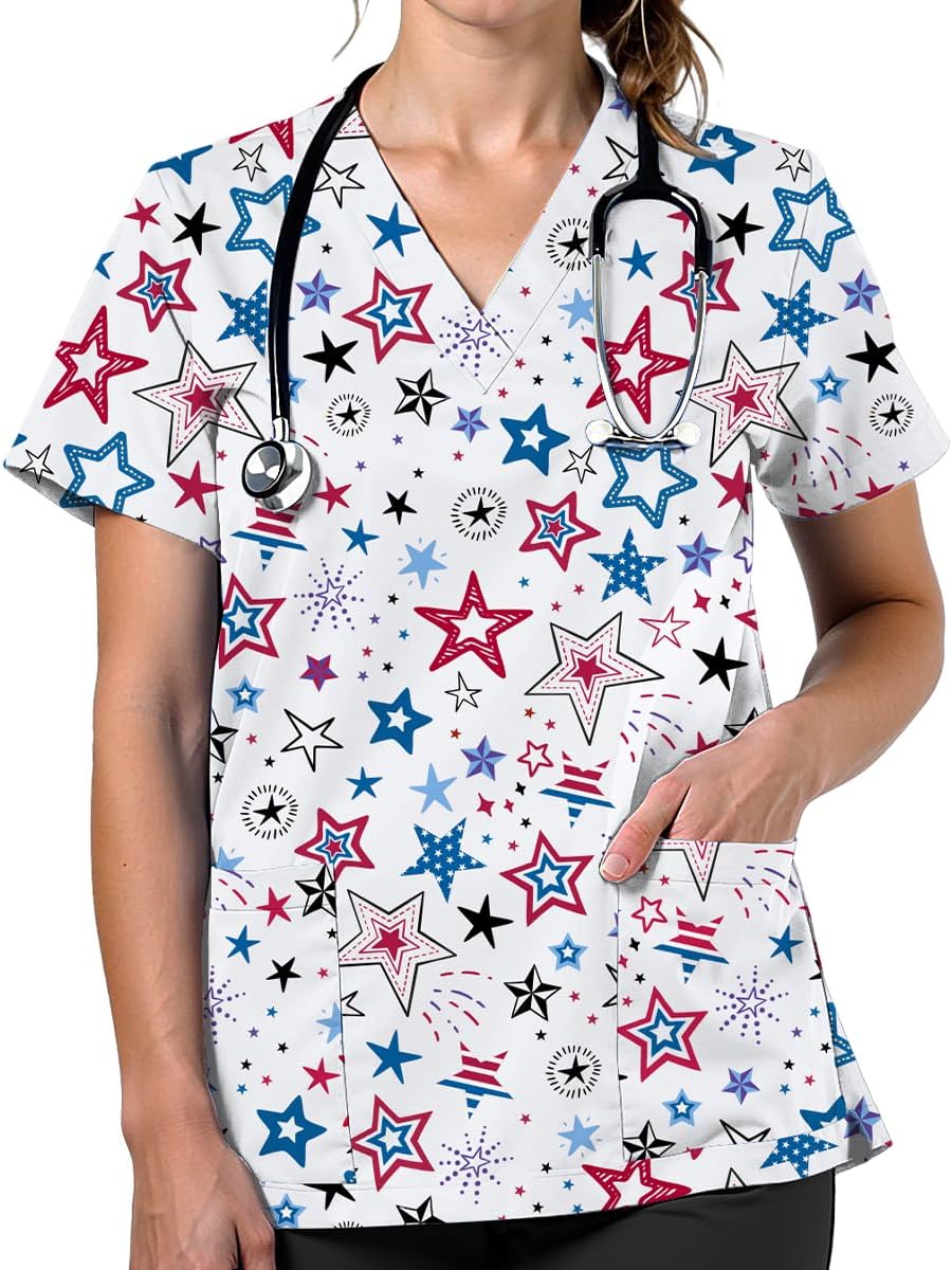 VillbeCoser Scrubs for Women V Neck Cute Printed Scrub Tops Medical Nurse Shirt Soft Casual Uniform with Pockets Holiday