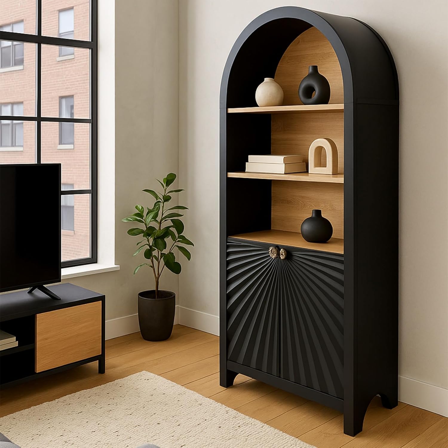 61" Tall Arched Cabinets,Bookcase with Storage,Mid-Century Modern 5-Tier Bookshelf with Door,Black