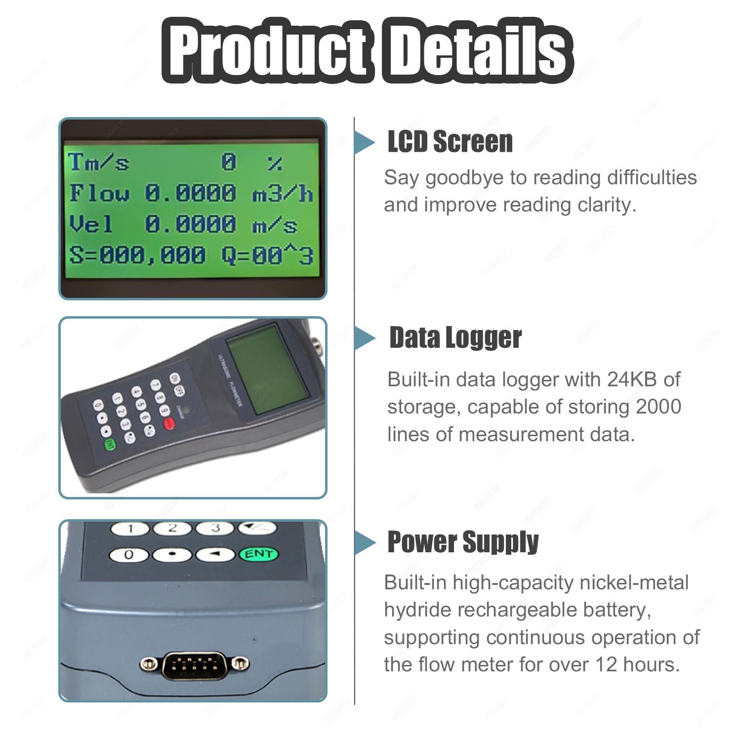 Caudalímetro Digital portátil de Mano para líquidos, con Sensor de Pinza. Rango de caudal: ±32 m/s (±104 pies/s), para tuberías de PVC y Aguas residuales industriales L1(DN300-6000)