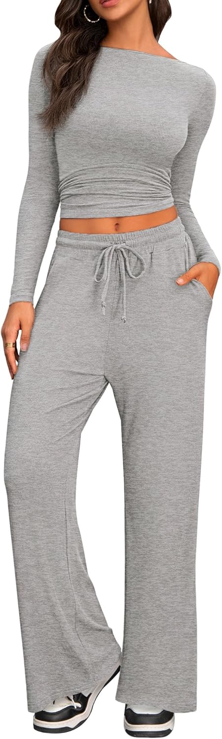 Cozy 2 Piece Lounge Sets for Women, Side Ruched Long Sleeve Top & Wide Leg Pants Casual Matching Tracksuit for Home & Travel - Image 6