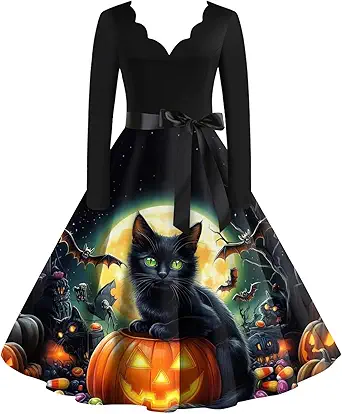 OIOLOYJM Sexy Plus Size Halloween Costumes Woman 2025 Long Sleeve V Neck Printed Gothic Retro Formal Party Dresses for Women