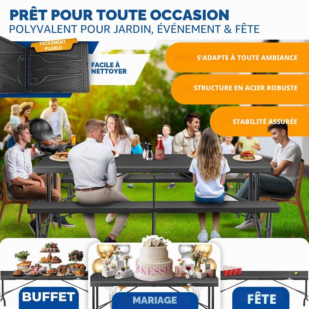 KESSER® Table de Buffet Pliante en Plastique 180x75 cm - Aspect Rotin pour Camping, Fête, Jardin, Terrasse et Balcon - Anthracite