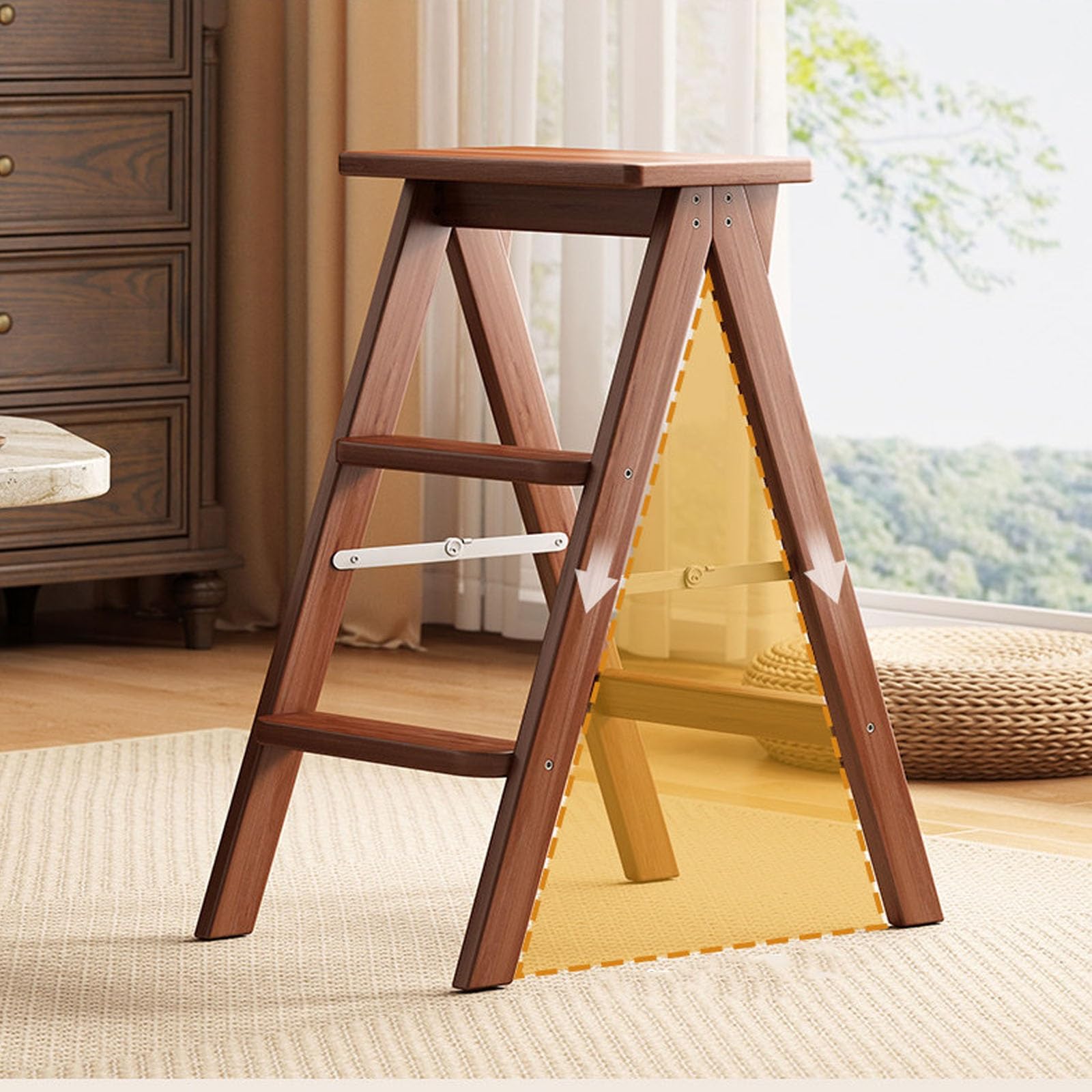 Chaise échelle pliante 2 en 1 en bois massif – Marchepied peu encombrant pour cuisine et bibliothèque, design portable vert foncé pour adultes, polyvalent et élégant à la maison