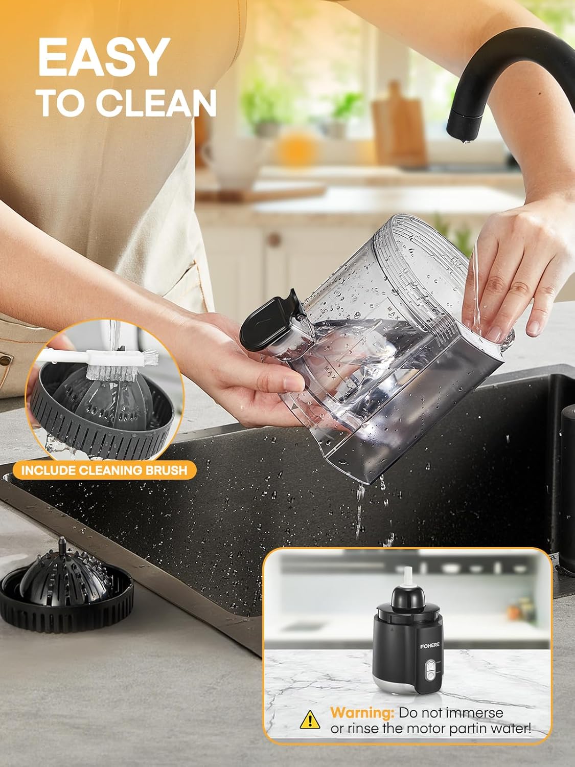 A person cleaning the detachable parts of the FOHERE Electric Citrus Juicer with the included cleaning brush under running water, with a warning not to immerse the motor base.