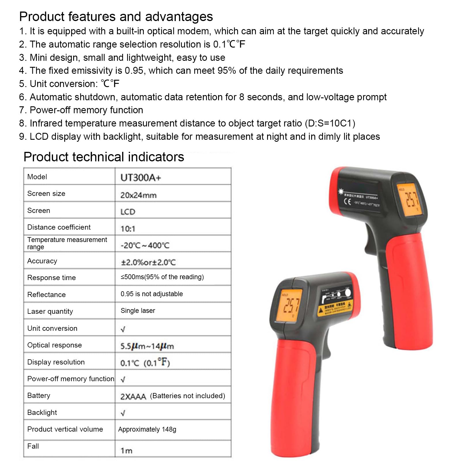 Herramienta digital de medición de temperatura de 20 a 400 ℃, termómetros de mano para lector de temperatura industrial con apagado automático retroiluminado