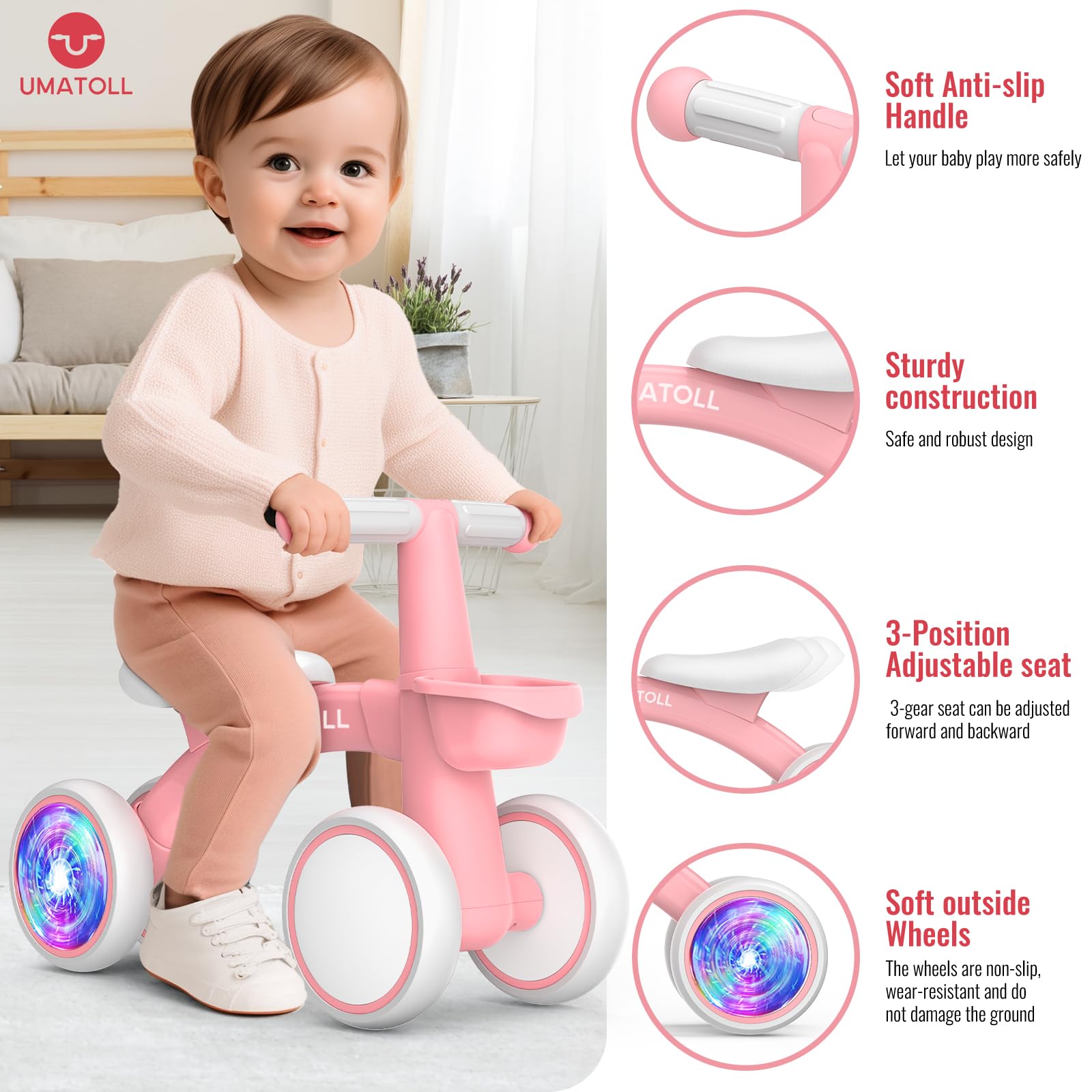 Umatoll Colorful Lighting Baby Balance Bike Toys for 1 Year Old Girls Gifts, Adjustable Seat, 1st Birthday Gifts, 12-24 Months Toddler Bike, Removable Basket, Pink