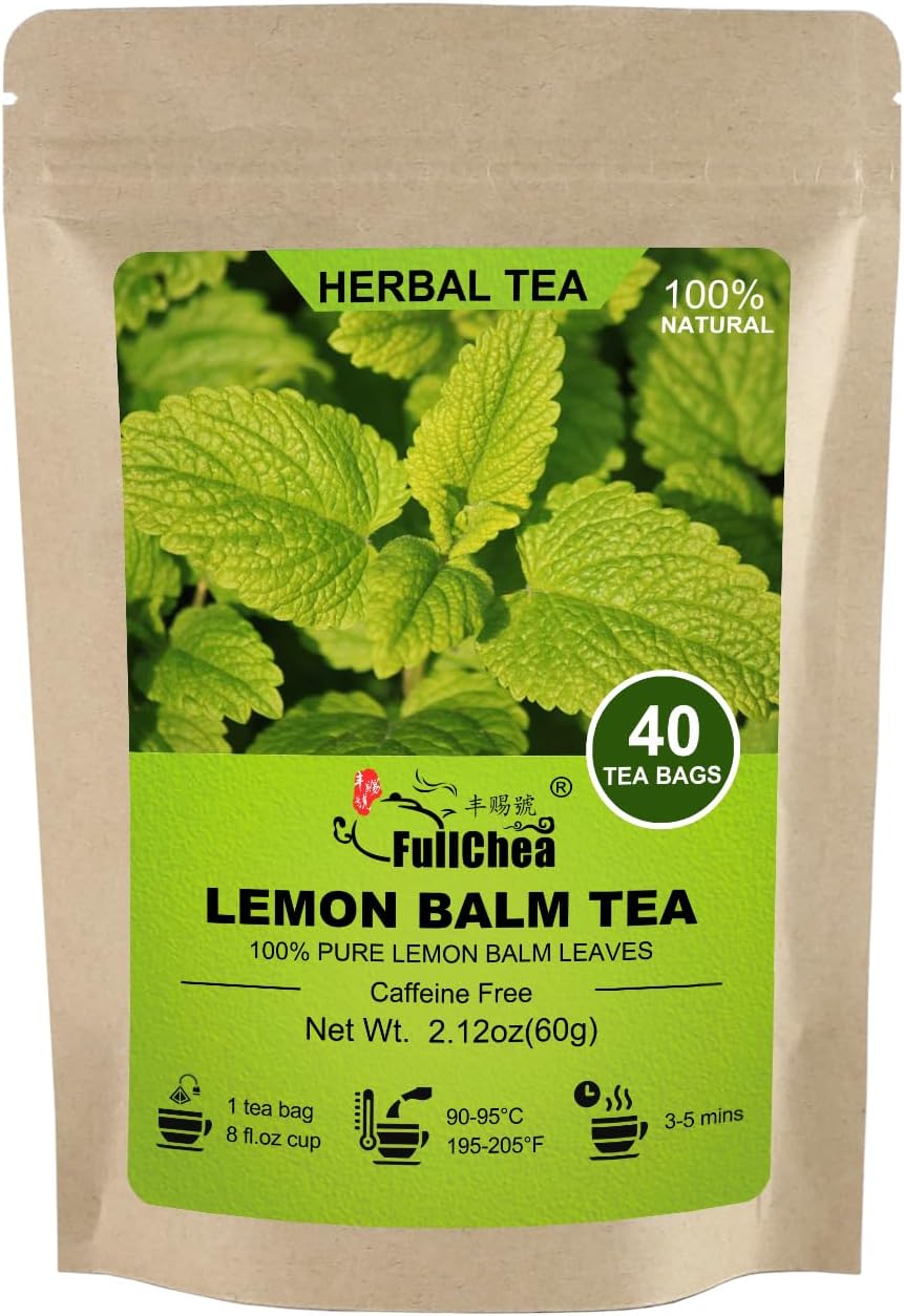 FullChea - Lemon Balm Tea Bag, 40 Teabags, 1.5g/bag - Premium Lemon Balm Herb - Melissa Officinalis - Non-GMO - Caffeine-free - Promotes Relaxation & Support Digestion, 40.0 Count