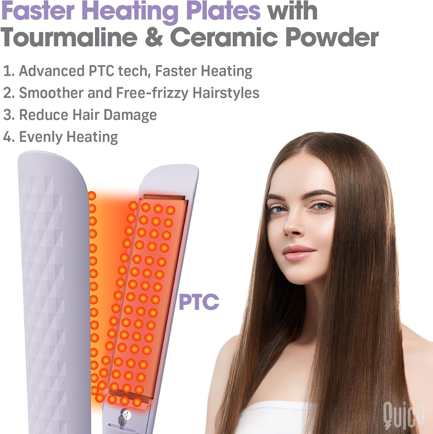 Quico Hair Straightener, 110-240V Global Travel Hair Straighteners for women, 15s Fast Heating, Professional Negative Ion Flat Iron, Temp Memory, 320℉-450℉, Auto-Off, with Glove and Clips, Gift, Lilac - Image 3