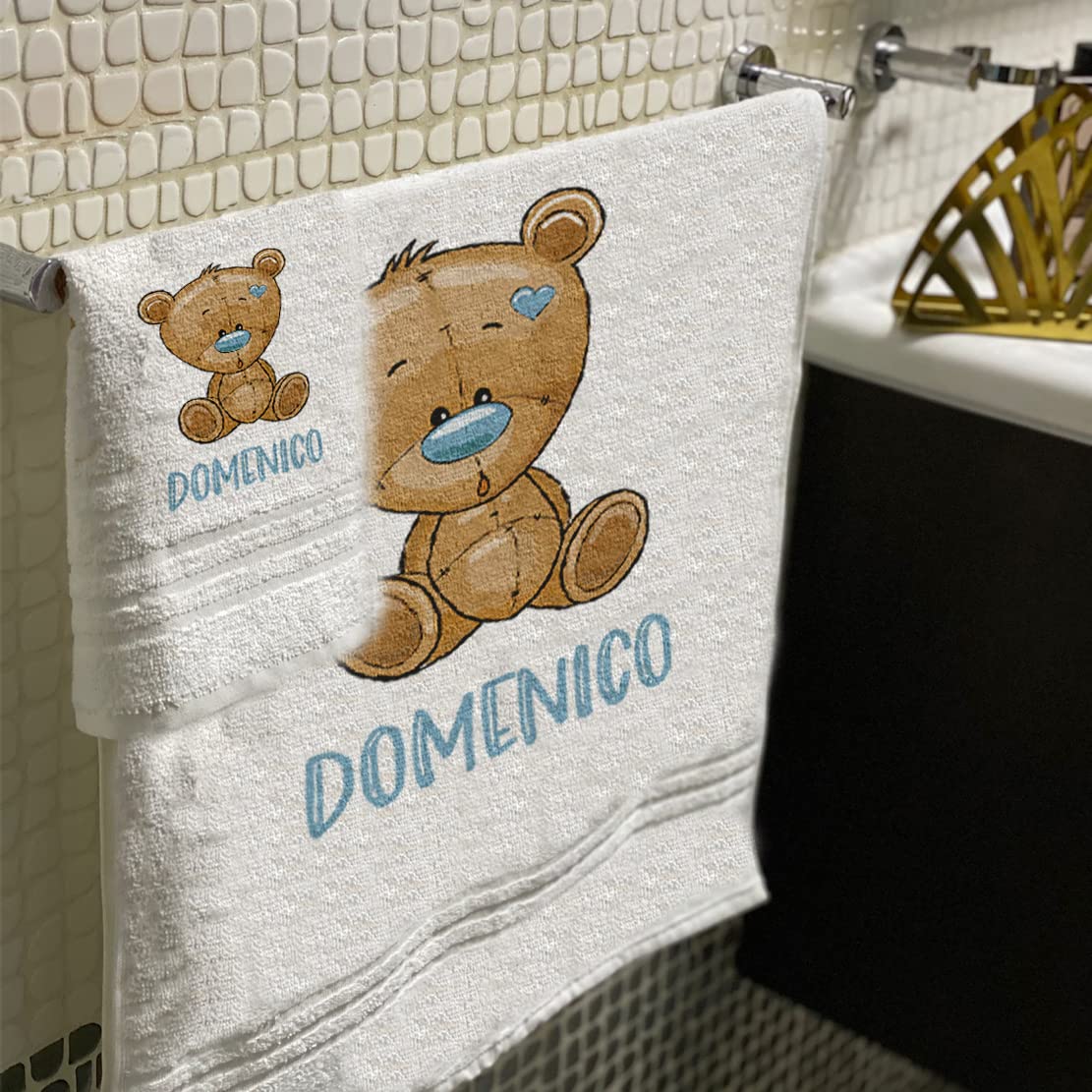 Set 2 Asciugamani Bagno Personalizzati 100% cotone Made in Italy Asciugamano Viso e Ospite Bianco Con Stampa Personalizzata Idea Regalo Bagno Doccia Biancheria Casa Bambino Bebè Orsetto Con Nome 3