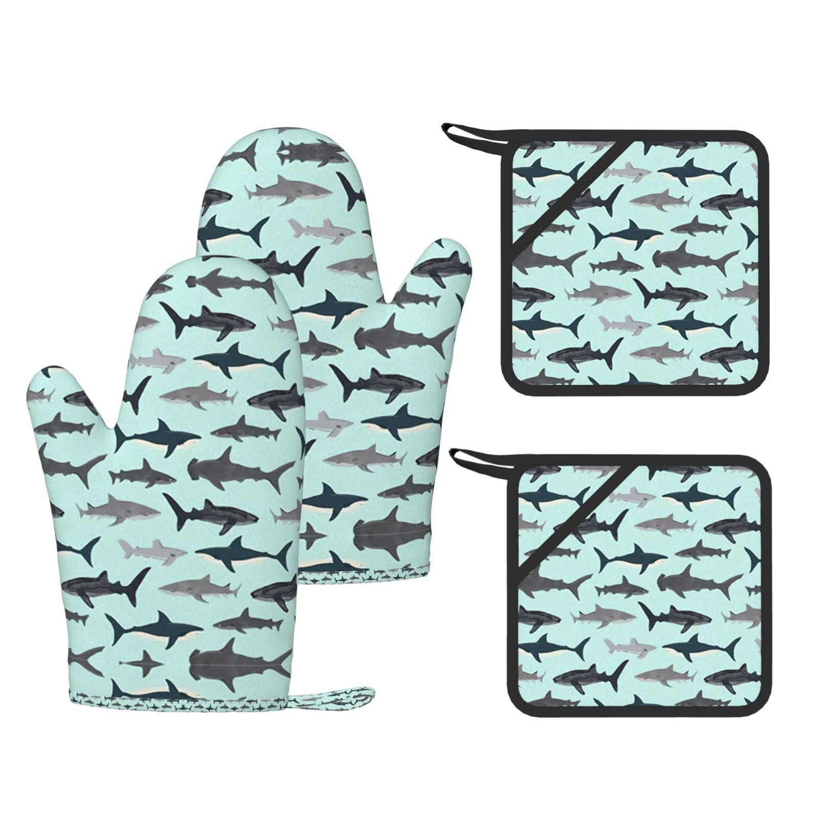 Eeprty Black Shark Printed Kitchen Oven Gloves And Potholder 4 Pcs, Non-Slip Heat Resistant Mitts For Baking Chef