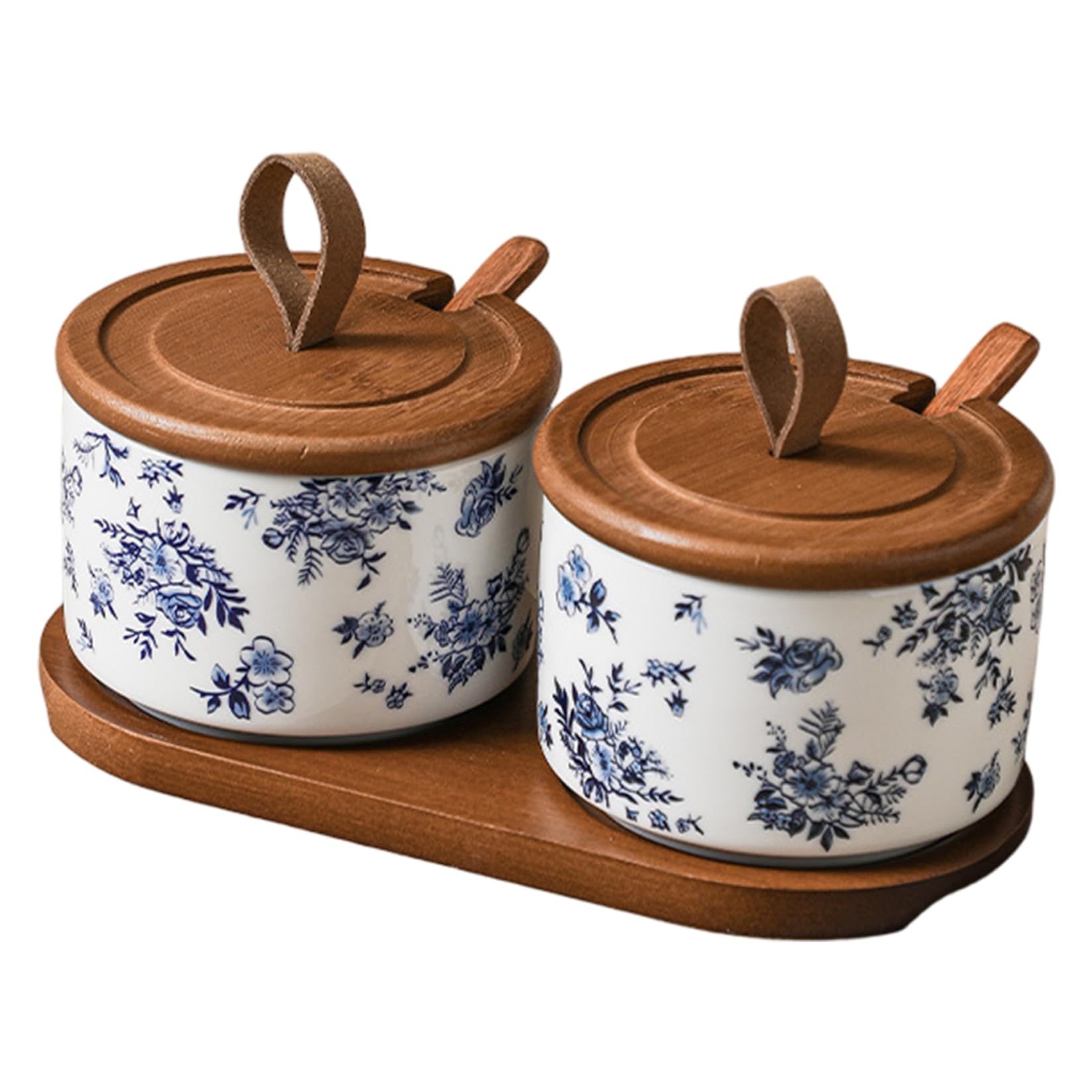 2Pcs Spice Jars with Lids 7.4oz Ceramic Jar with Lid & Wooden Spoon & Tray Exquisite Flower Patterns Condiment Containers for Home, Kitchen Ceramic Spice Jars, Condiment Containers with Lids, J