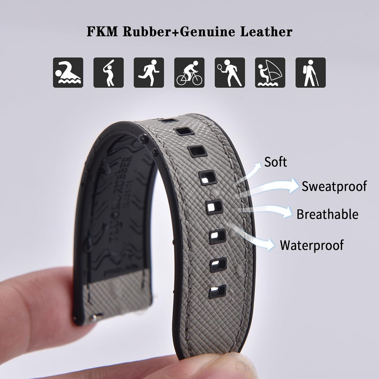 Premium Waterproof Soft Hybrid (FKM/FPM Rubber and Leather) Watch Bands,20 mm 22 mm Quick Release Watch Straps, Silver/Black Brushed Buckle Replacement Strap for Men