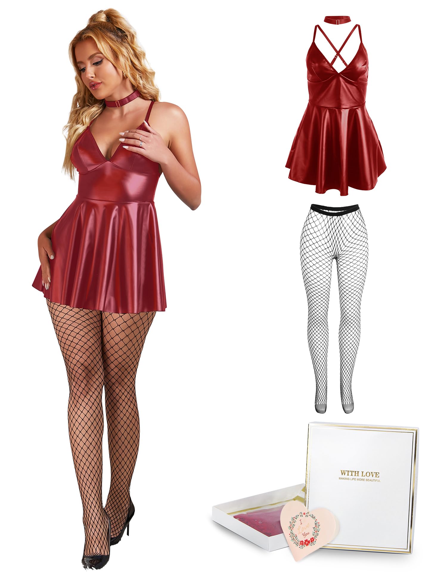 ohyeah Faux Leather Lingerie Set for Women Plus Size PU Lingerie V Neck Backless Babydoll Chemise Mini Lingerie Dress: 3X-Large 2- Red (Dress+ Tights+ Box)