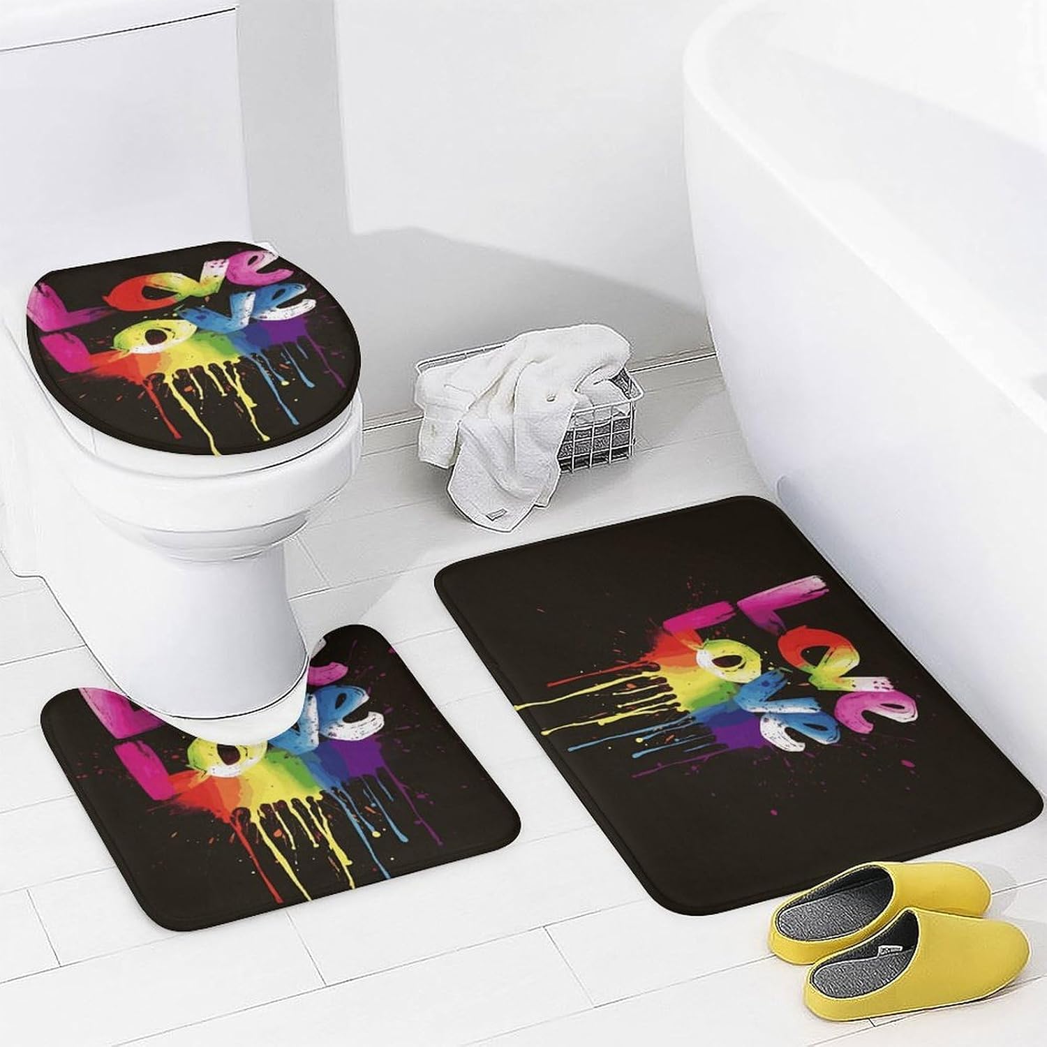Love is Love Bath Rug Set 4 Piece,Bathroom Accessories Set-Toilet Rugs U Shaped,Toilet Lid Cover,Shower Curtain and Rugs,Ultra Soft, Absorbent,Home Decor