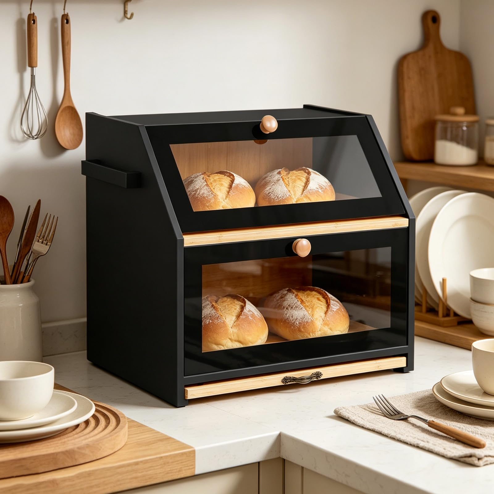 OHMG Boîte à Pain Bambou 2- Couche Countertop Boîte à Pain en Bois de Bambou pour Cuisine, Huche à pain,Nature,pour le stockage du pain,26 * 39 * 32.5cm