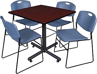 Regency Kobe 36-Inch Square Breakroom Table, Mahogany, and 4 Zeng Stack Chairs, Blue