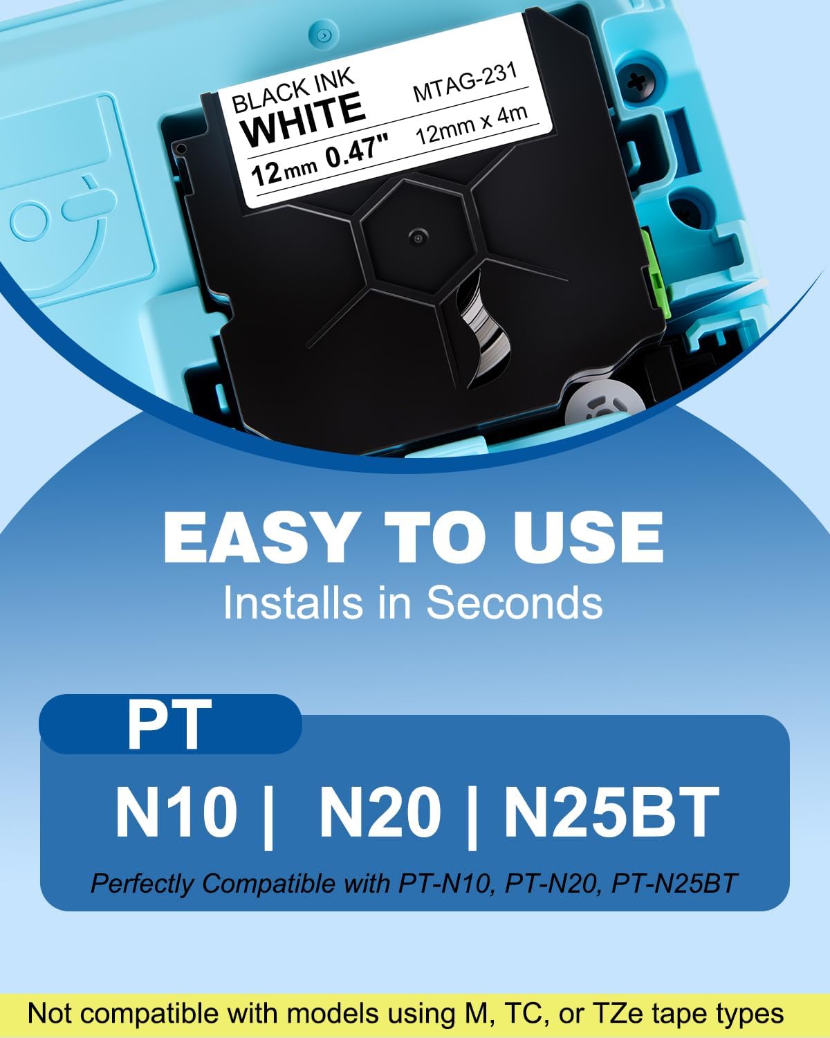 Compatible with Brother Btag231 Btag Label Tape 12mm Black on White | 8-Pack 1/2in x13.1ft (12mm x4m) Tape Refill Fits PT-N10 N20 N25 N25BT Label Makers for Home, Office, and Storage Organization