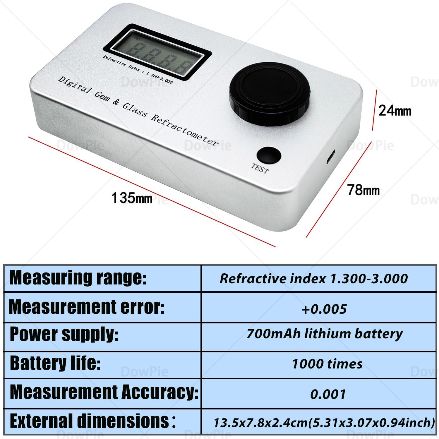 Digital Jewelry Tester, High Precision Gem Refractometer with 0.001 Accuracy, Compact Lightweight Structure for Lab Jewelry Store & Gemstone Identification