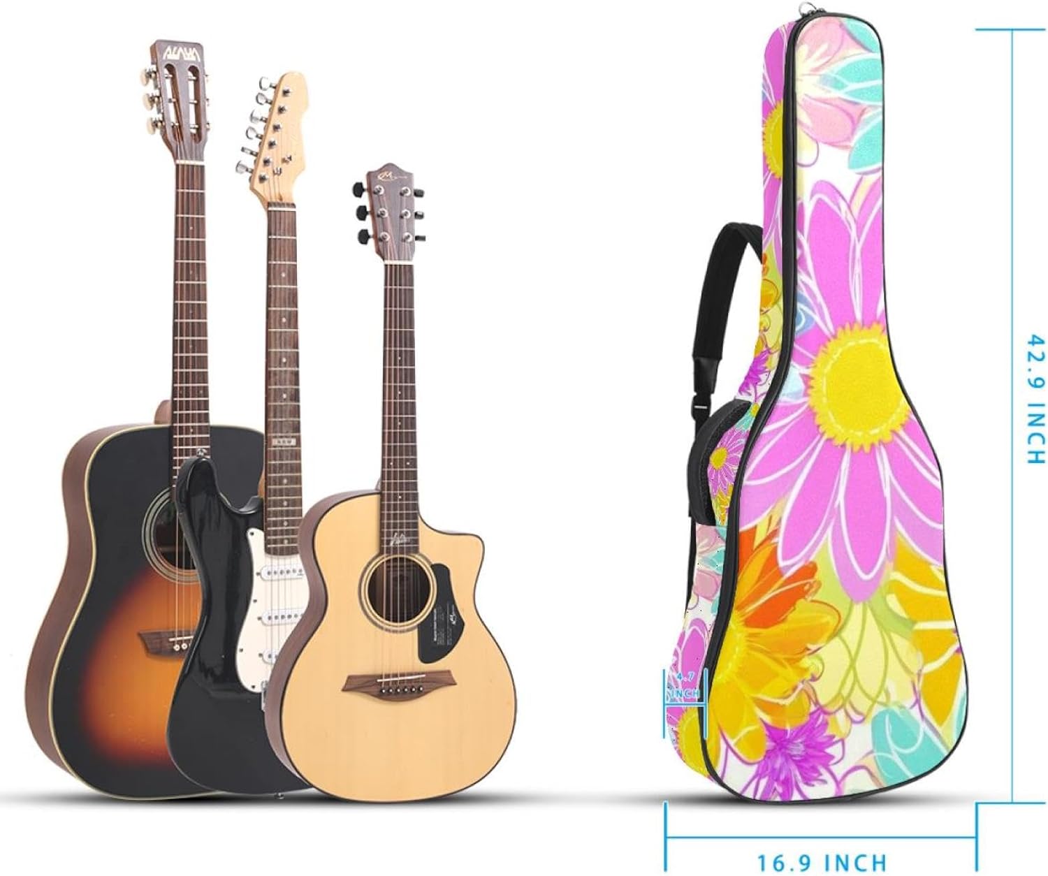 Aesthetic Art Flower Guitar Bag 40 41 42 In 2 Pockets Guitar Case Waterproof Guitar Case Resistent Oxford Cloth 0.4 In Extra Thick Sponge Padded for Acoustic Guitar