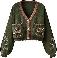 GORGLITTER Women's Embroidered Boho Button-Up Cardigan - Chunky Cute Fall Sweater, Trendy 2025 Cottage Core Style