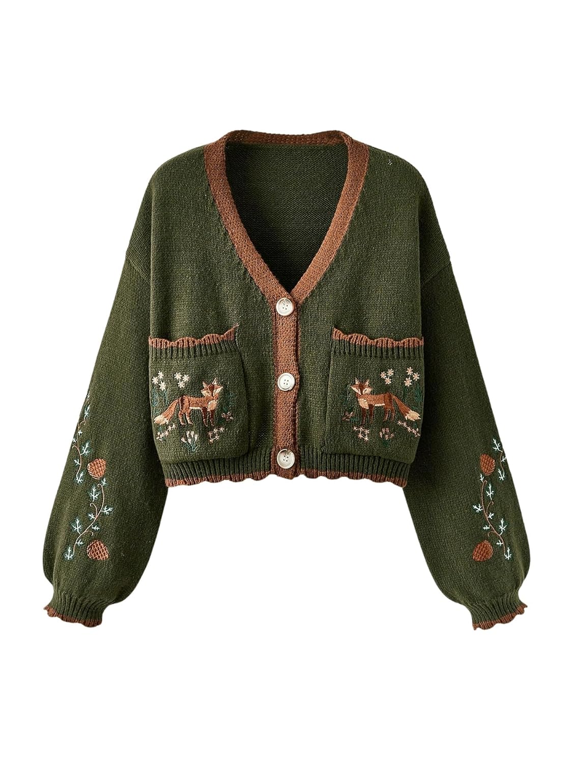 Womens V Neck Knit Cardigan Sweater Fox Embroidery Button Front Cropped Casual Loose Fit Soft Warm Fall Winter