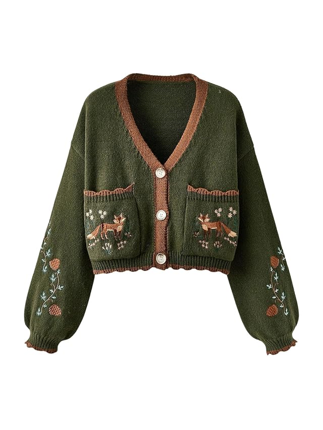 Womens V Neck Knit Cardigan Sweater Fox Embroidery Button Front Cropped Casual Loose Fit Soft Warm Fall Winter