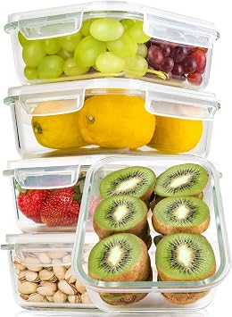 Bayco Large Glass Meal Prep Containers, [5 Pack, 36oz | 4.5cups] Glass Food Storage Containers wi...
