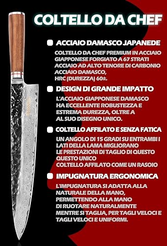 Miniatura 8 de YOUSUNLONG Cuchillo de chef de 8 pulgadas, cuchillos de cocina profesionales de acero de damasco martillado japonés - afilado - mango de nogal