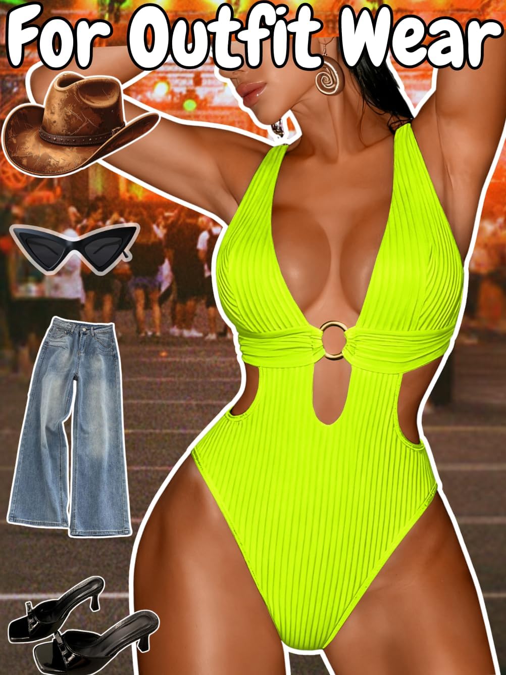 EHSUYAB Sexy Women Plunge V One Piece Swimsuit,Cut Out Textured Cheeky High Cut Bathing Suit, Pool Party Monokini Rave Outfit