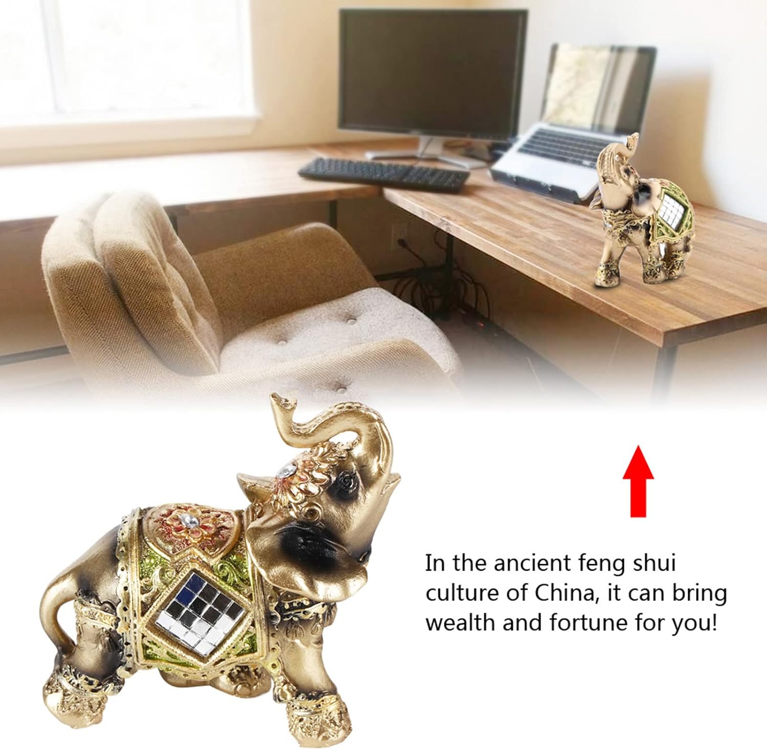 WAL FRONT Lucky Feng Shui Green Elephant Statue Sculpture Wealth Figurine Gift Home Decoration (Green Trumpet)
