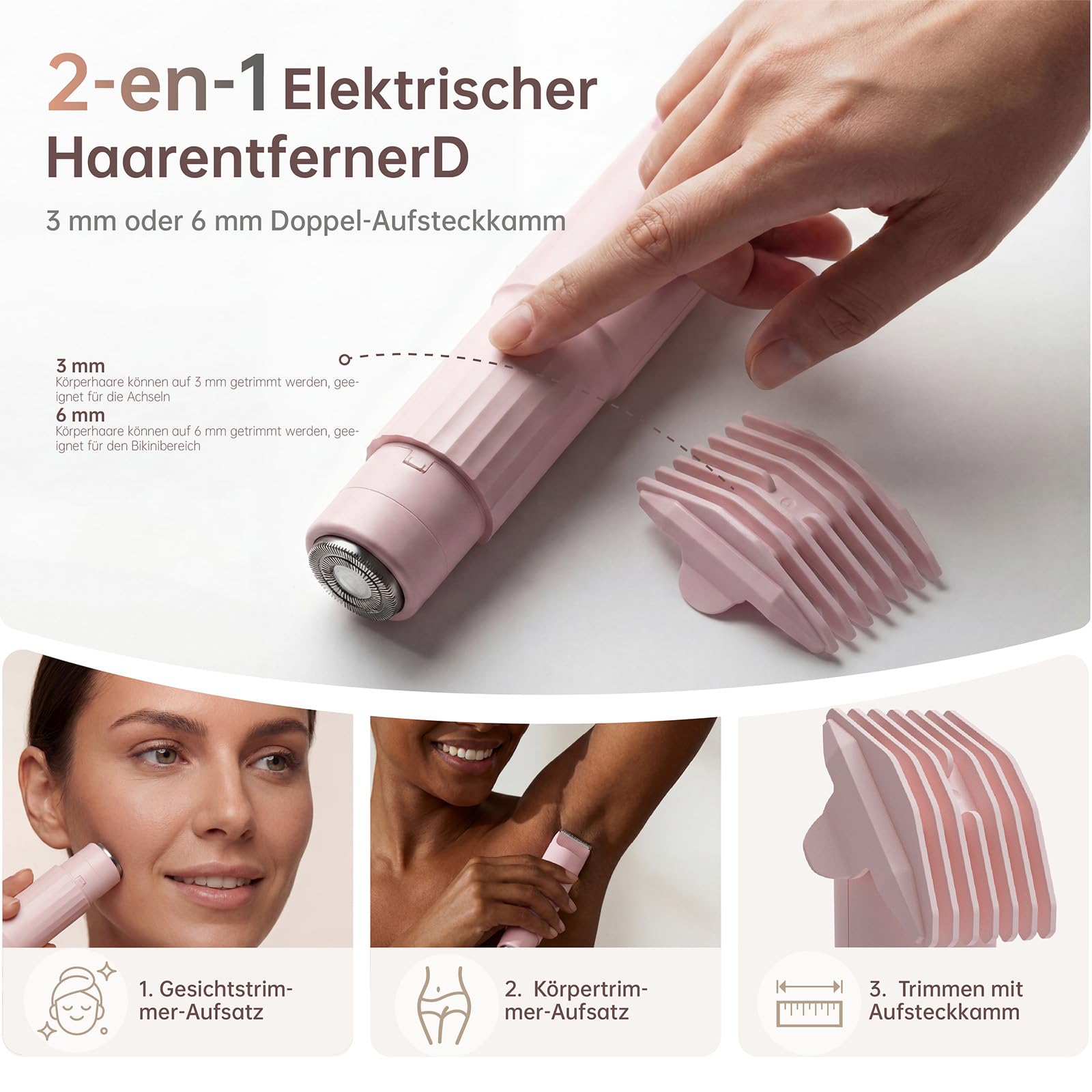 Damen Rasierer Elektrisch, 2 in 1 Intimrasierer für Frauen, Wiederaufladbar Trimmer Damen für Beine, Arme, Achseln und Bikinizone, Rosa