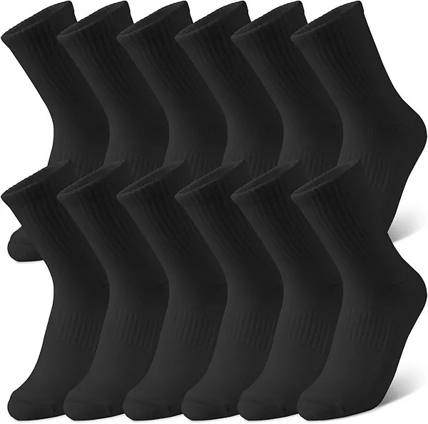 Athletic Running Socks with Arch Compression, Cotton Cushioned Crew Socks for a Secure Fit, White & Black