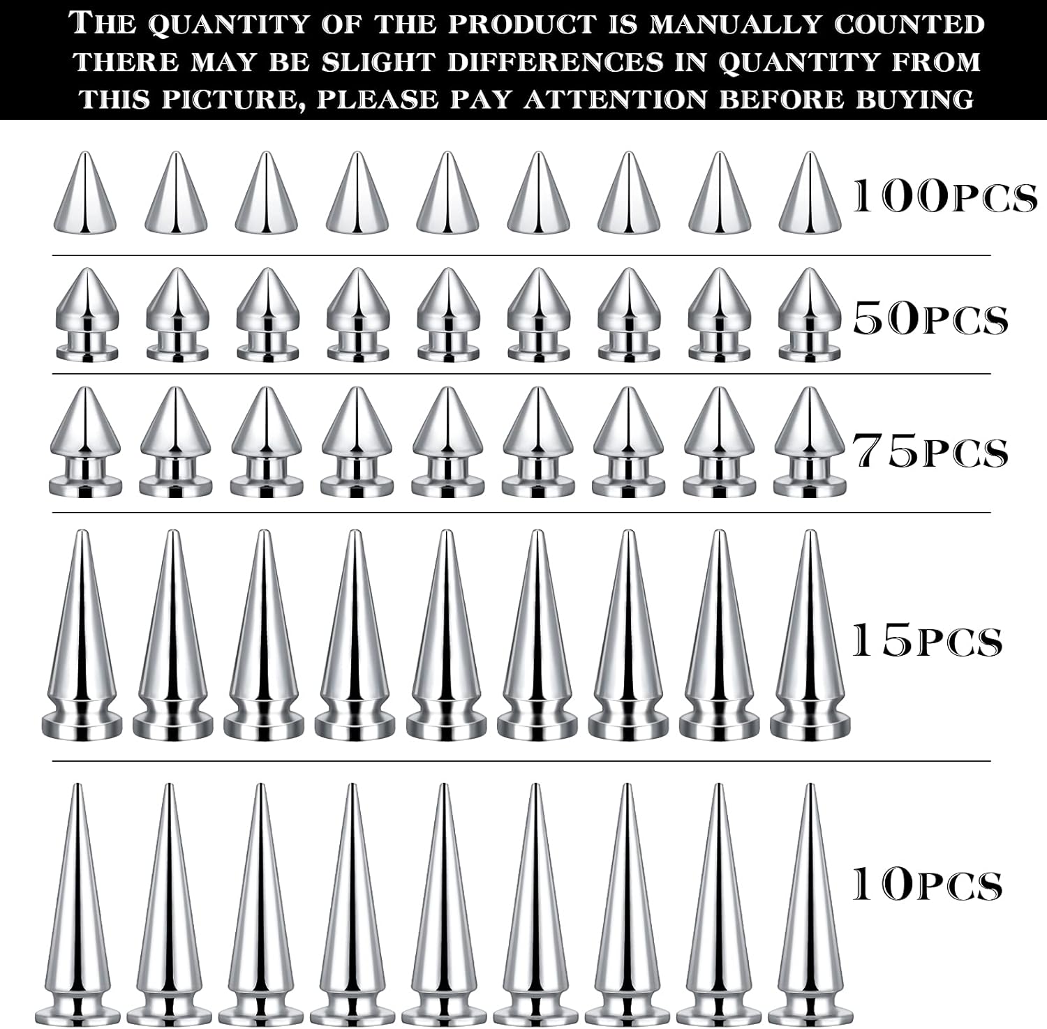 Ferraycle 250 Pieces Silver Cone Spikes Screwback Studs Multiple Sizes Cone Spikes for Halloween Cosplay Screwback Studs Rivets Punk Rock Bullet Rivets for DIY Clothing Leather Craft - Image 4