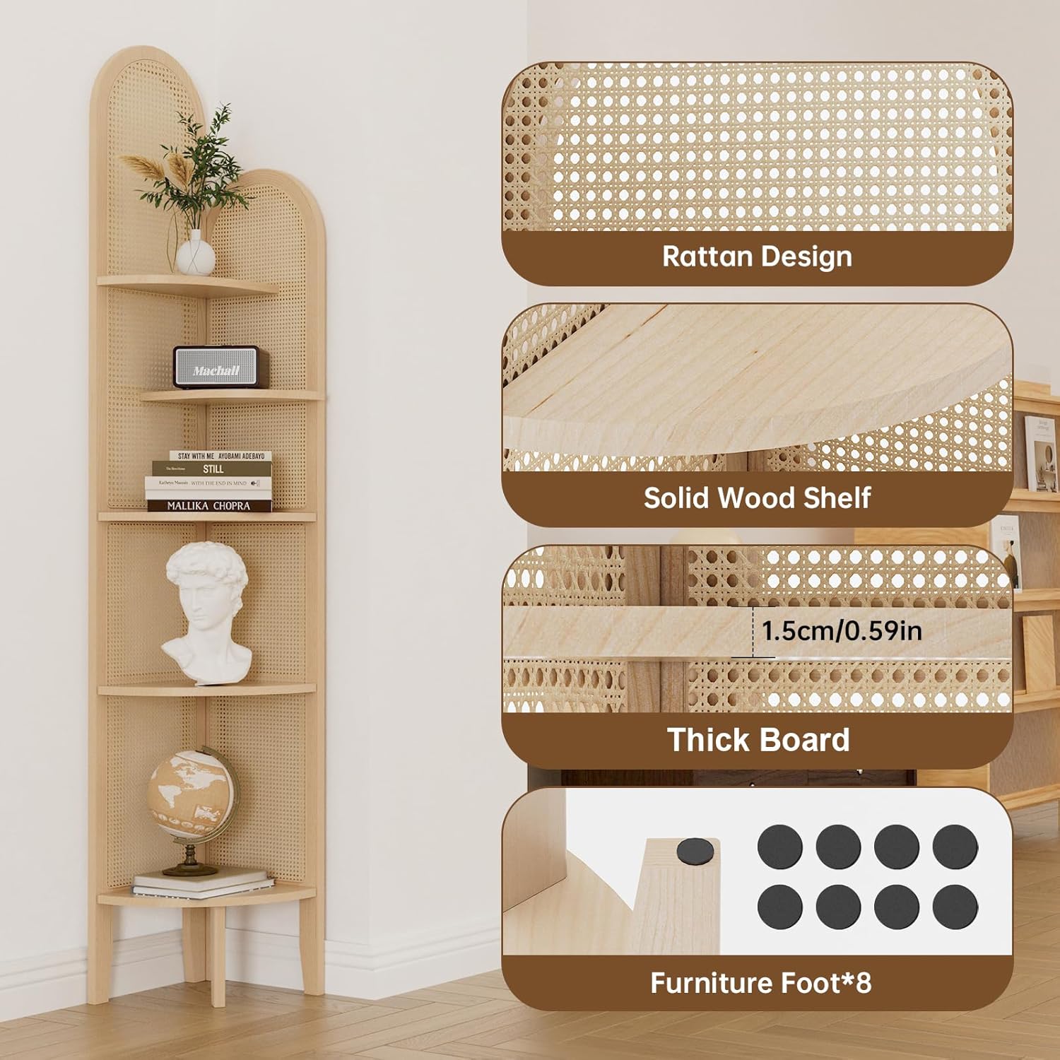 5-Tier Solid Wood Rattan Corner Shelf, Boho Chic Arc Design for Display & Storage, Perfect for Living Room, Bedroom, Bathroom, Natural Brown, 69.29 Inch Tall
