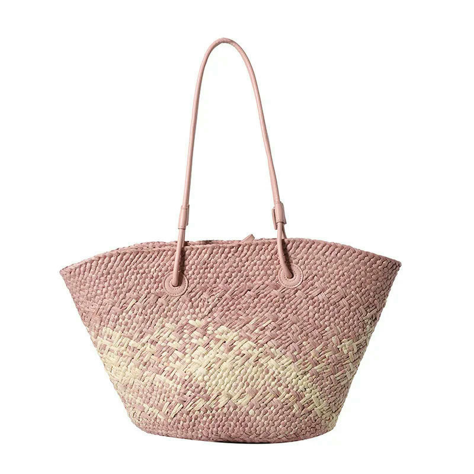 Strohtaschen Damen Shopper Gradientenfarben Gewebte Tasche Summer Textur Vielseitige Kapazität Einfacher Freizeit -Strand -Reise -strohbeutel-rosa