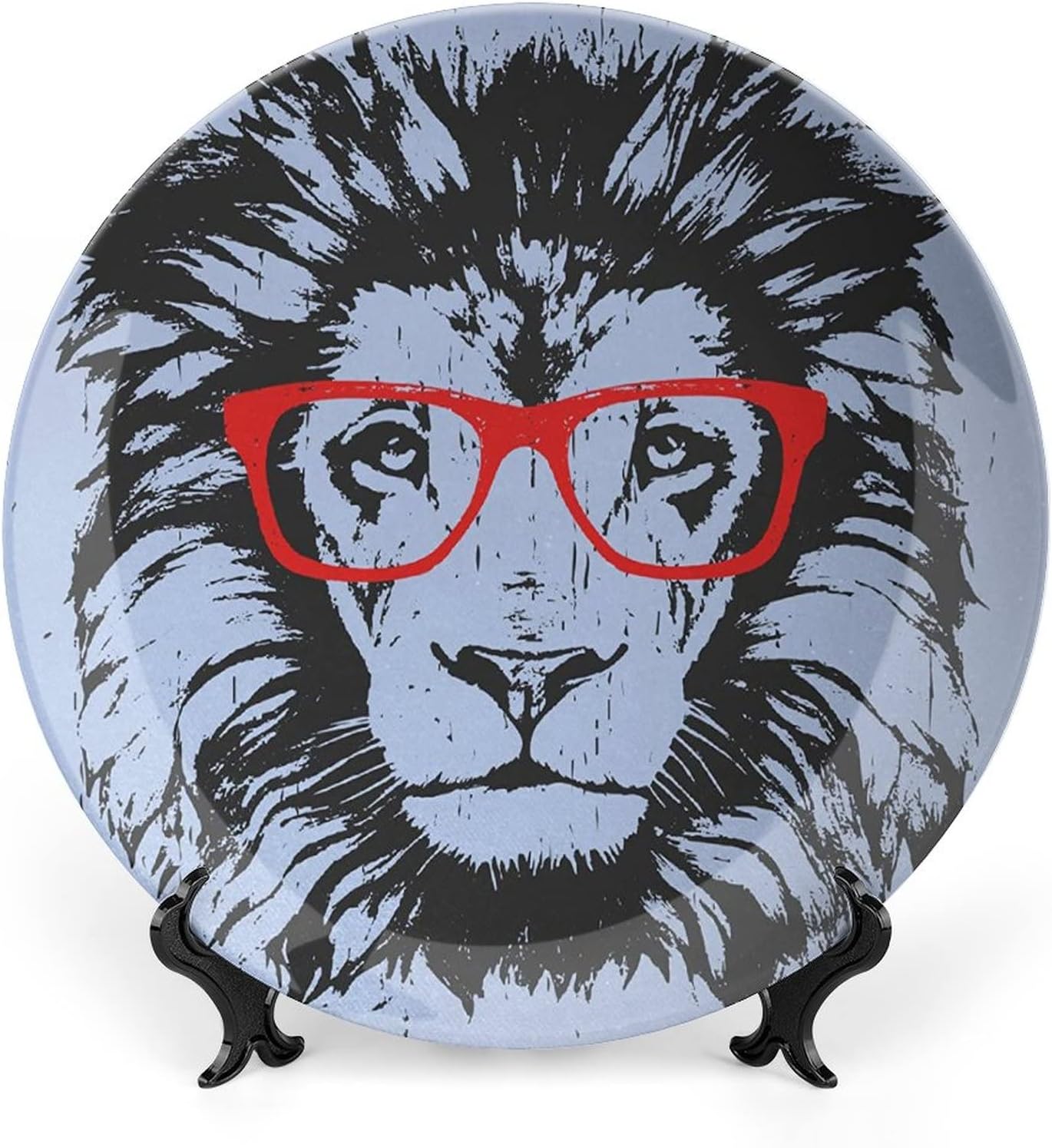 XISUNYA 7 Inch Decorative Plate, Animal Ceramic Craft, Lion Portrait with Hipster Glasses Humor Comic Print Ceramic Wall Hanging for Home Office Party Dinner Table Decor