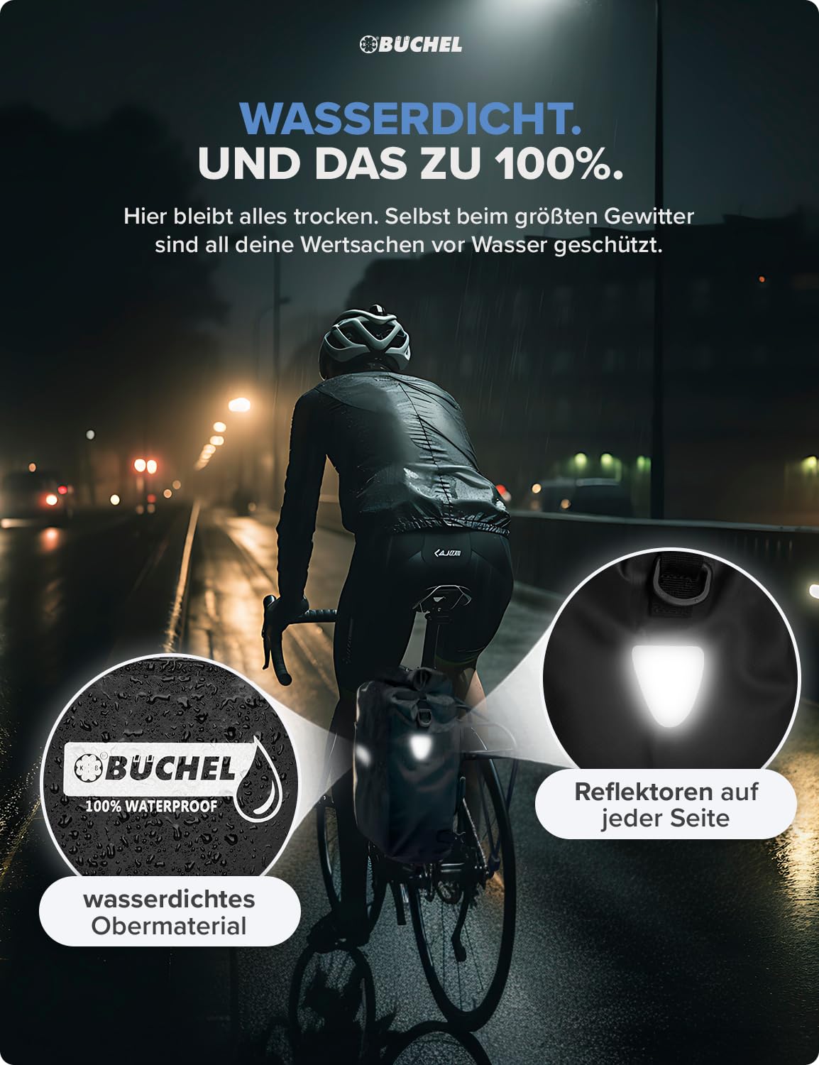 Büchel 3in1 Fahrradtasche für Gepäckträger, nutzbar als Rucksack, Umhängetasche oder Gepäckträgertasche | Fahrrad Tasche Wasserdicht & Reflektierend | mit 22L Kapazität und Anti-Rutsch Boden