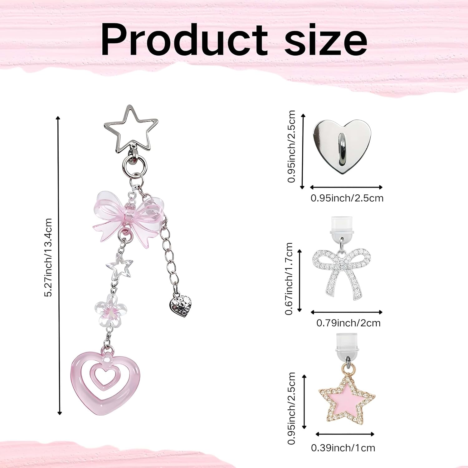 Aesthetic Kindle Charm Chain Set - 4-in-1 Pink Coquette E-Reader Accessories with Self-Adhesive Heart Hook & 2 Dust Plugs - Cute Bookish Gifts for Readers Women